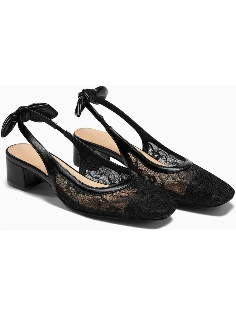 Women's Black Lace Chunky Low Heels Bow Slingback Closed Square Toe Pumps Shoes